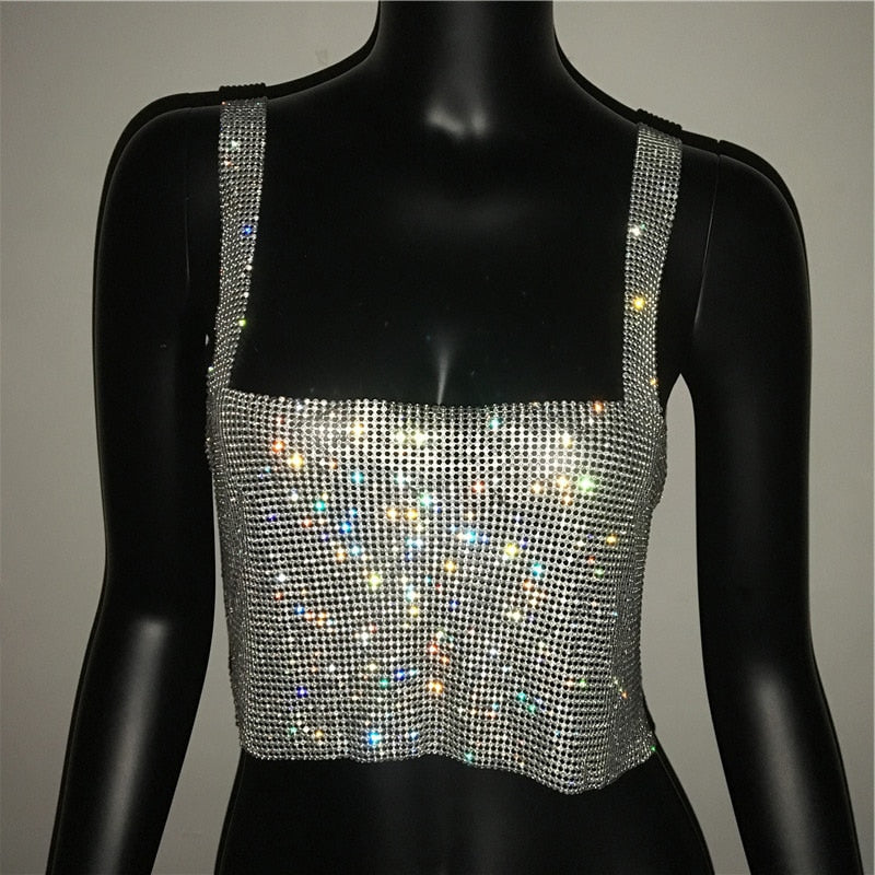 Black White Gold Summer Women Rhinestone Tank Top Sexy Girl Nightclub Trend Sling Shiny Diamond Bikini Crop Top Silver-23CM One Size