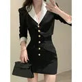 Black Y2k Mini Skirt Set Women Casual Korean 2 Piece Dress Set Crop Tops Jacket Tops + Short Skirts Elegant Suit Autumn New Black