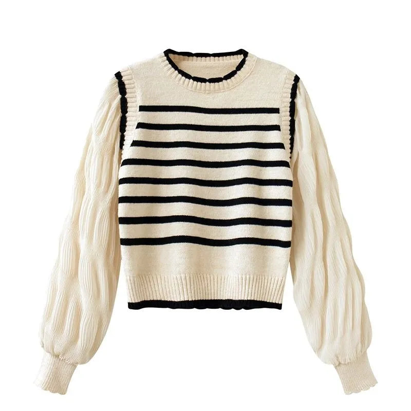 Black and white striped fake two-piece knitted sweater women spring and autumn Korean soft glutinous pullover sweater female WHITE One Size