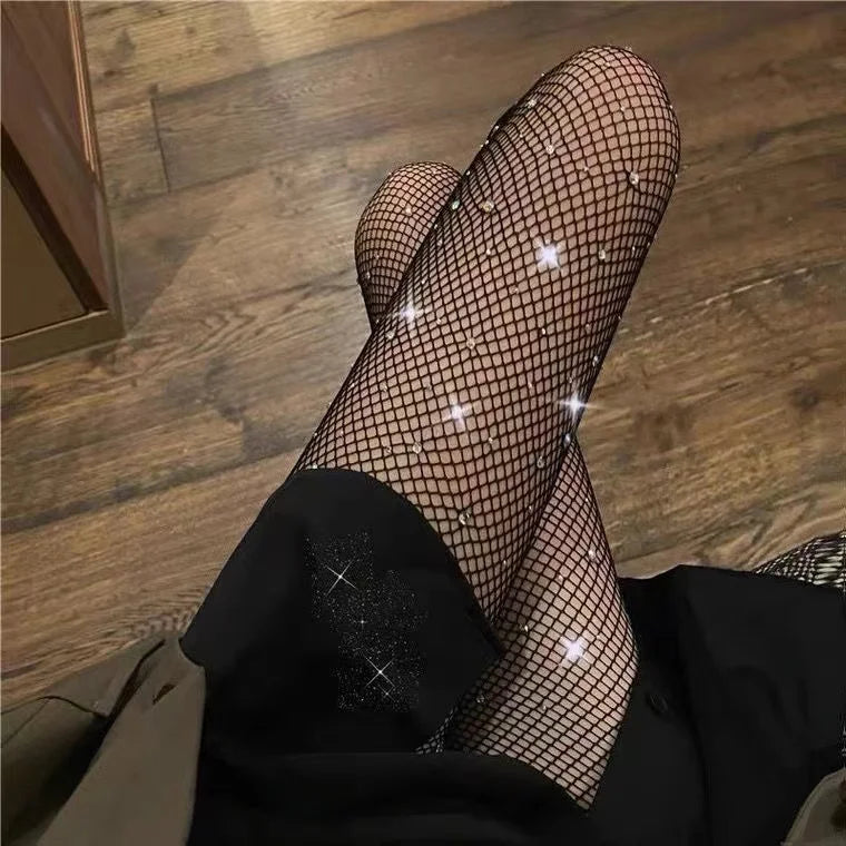 Black stockings with diamonds Women's thin insets trendy and sexy hollow out fishing net stockings Spring hot diamond sparkling