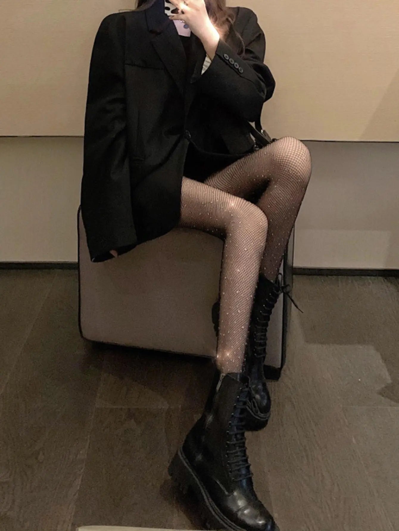 Black stockings with diamonds Women's thin insets trendy and sexy hollow out fishing net stockings Spring hot diamond sparkling