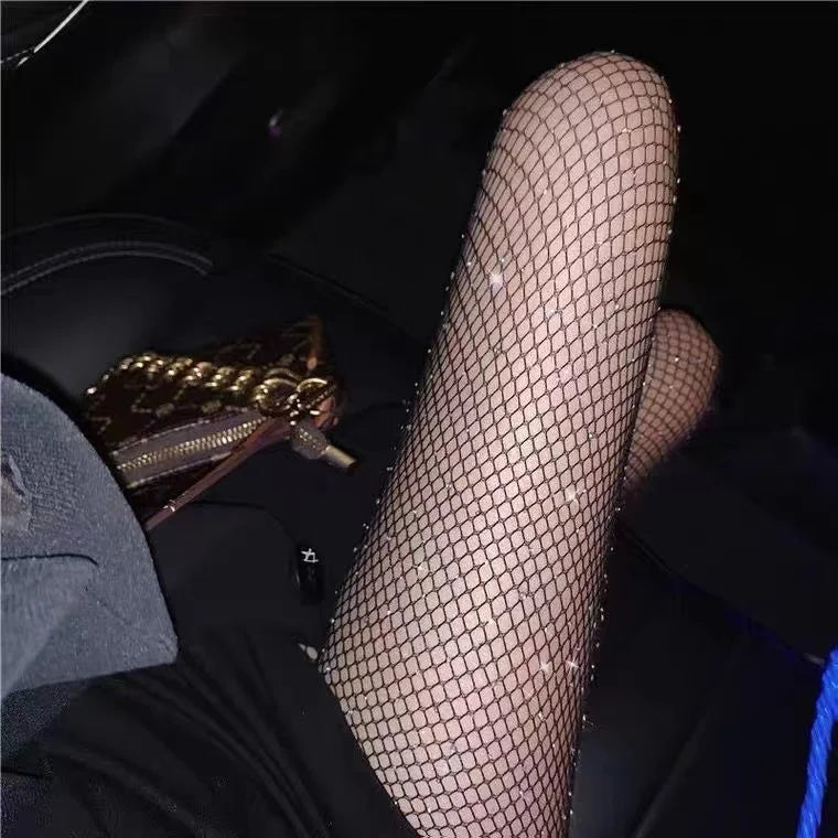 Black stockings with diamonds Women's thin insets trendy and sexy hollow out fishing net stockings Spring hot diamond sparkling