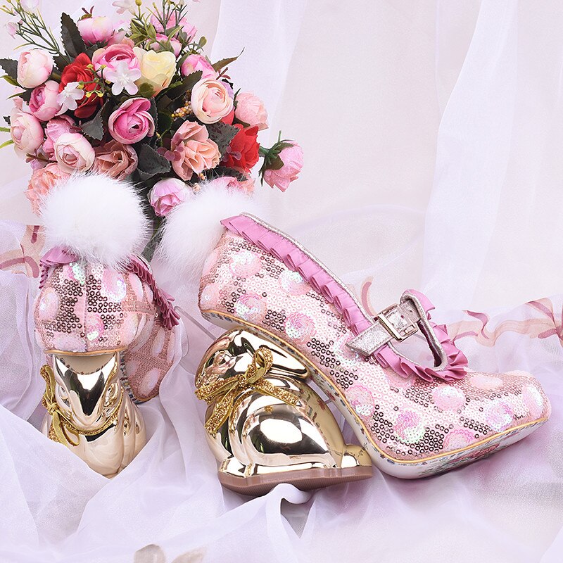Bling Sequins Wedding Shoes Studded Belt Pompoms Pink Glitter Round Toe Novelty Metal Rabby Heel Pumps Women