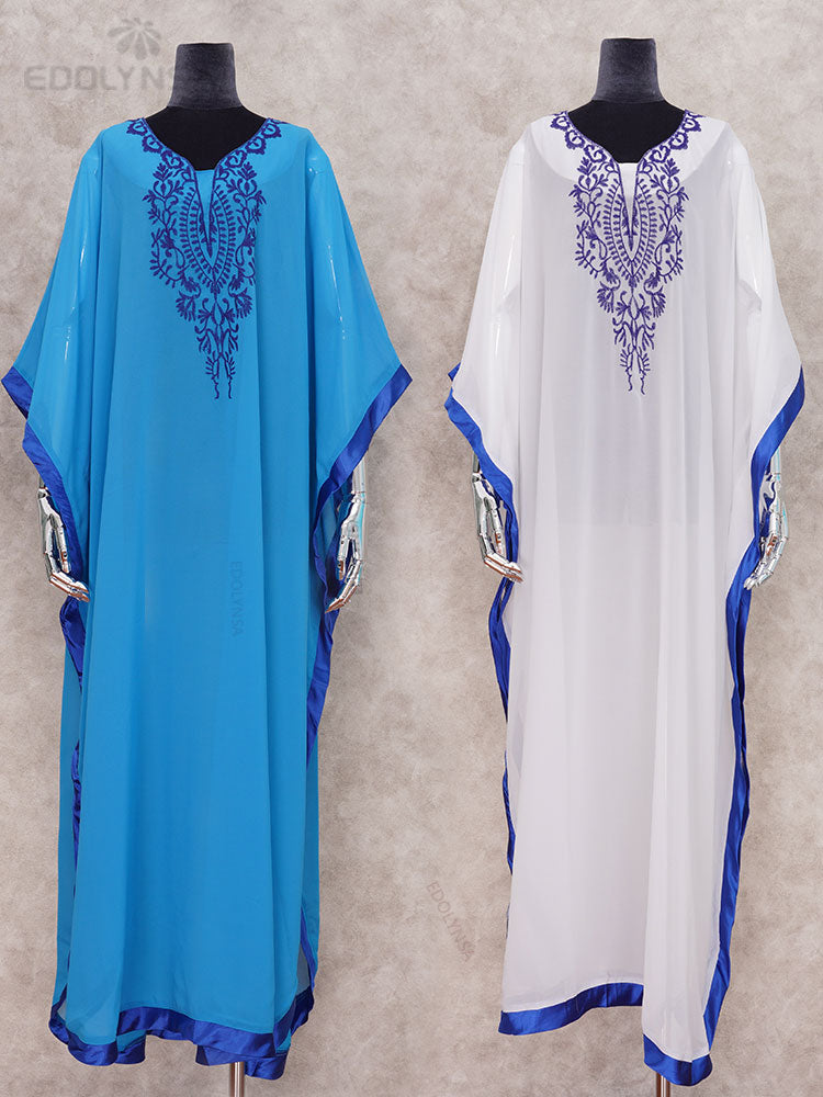 Blue Bohemian Embroidered Batwing Sleeve Side Split Summer Beach Dress Chiffon Tunic Women Plus Size Beachwear kaftan