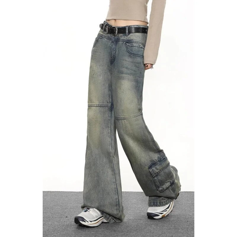 Blue Jeans Women Belt High Waist American Wide Leg Pants Y2K Style Fashion Streetwear Female Pants 2024 Winter Straight Trousers