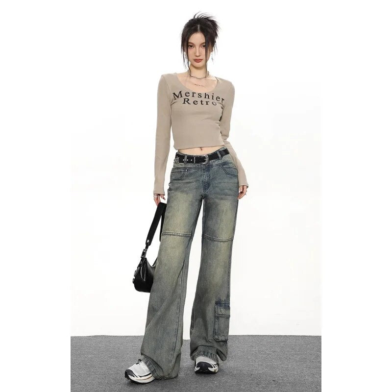 Blue Jeans Women Belt High Waist American Wide Leg Pants Y2K Style Fashion Streetwear Female Pants 2024 Winter Straight Trousers
