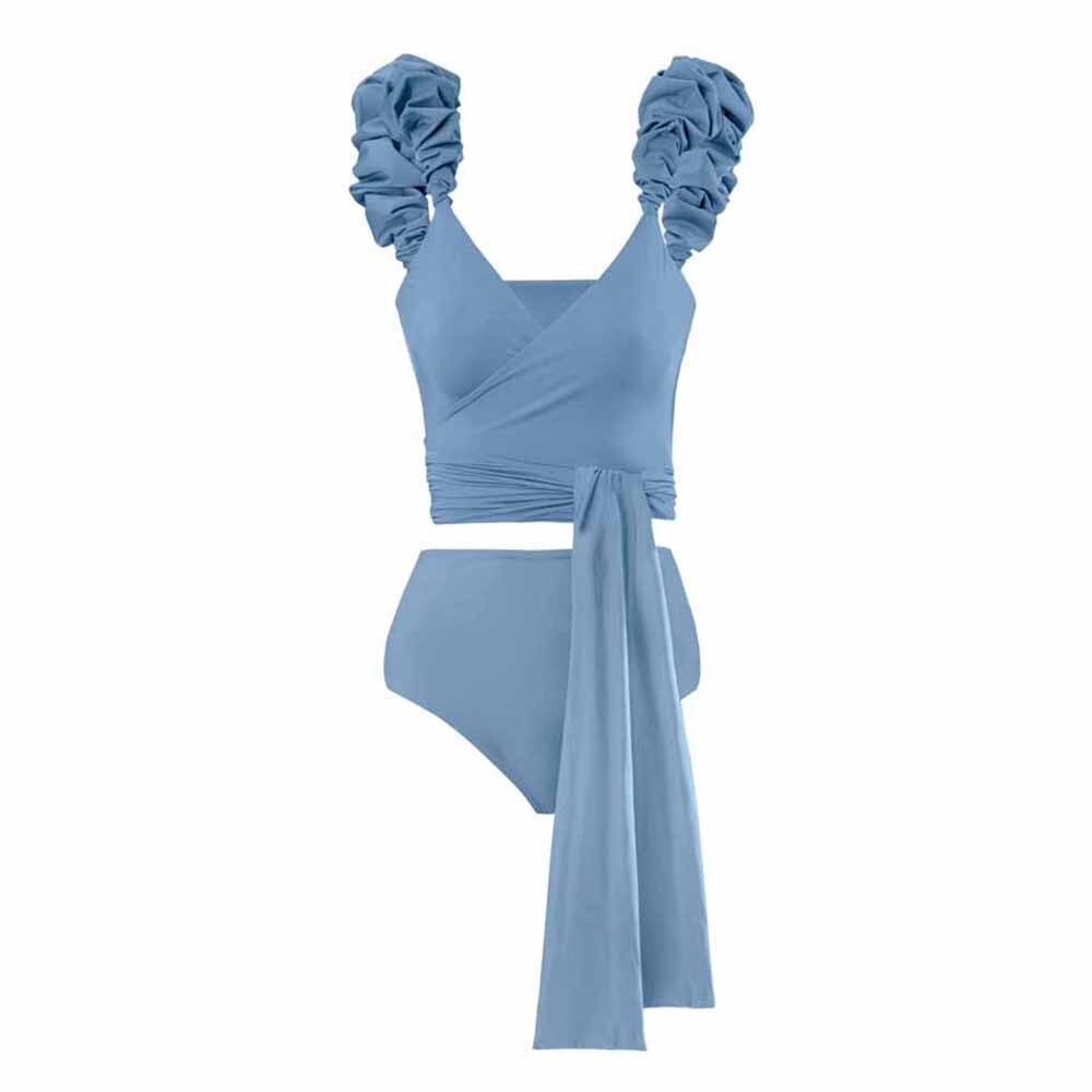 Blue Solid Color Waist Tie Women's Bandage Swimsuit Two Pieces Plus Size Tankini Lace Stripe Cutout Tight Cover Up Swim Blue