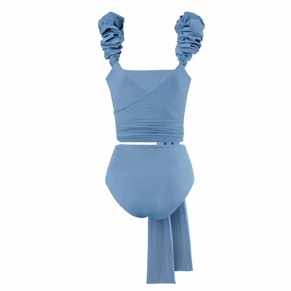 Blue Solid Color Waist Tie Women's Bandage Swimsuit Two Pieces Plus Size Tankini Lace Stripe Cutout Tight Cover Up Swim