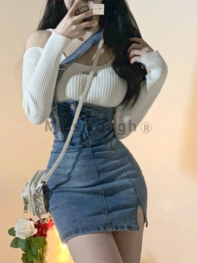 Blue Vintage Knitted Two Piece Set Women Sexy Denim Party Mini Skirt Set Female Split Casual Fashion Skirt Suit 2024 Autumn New