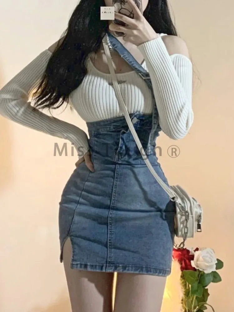 Blue Vintage Knitted Two Piece Set Women Sexy Denim Party Mini Skirt Set Female Split Casual Fashion Skirt Suit 2024 Autumn New