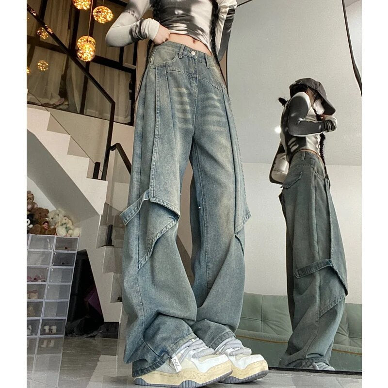 Blue Women Jeans Vintage High Waist Chic American Fashion Y2K Streetwear Wide Leg Jean Female Trouser 2024 NEW Baggy Denim Pants