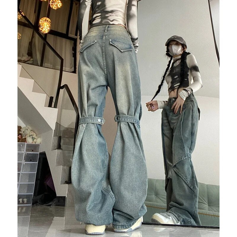 Blue Women Jeans Vintage High Waist Chic American Fashion Y2K Streetwear Wide Leg Jean Female Trouser 2024 NEW Baggy Denim Pants