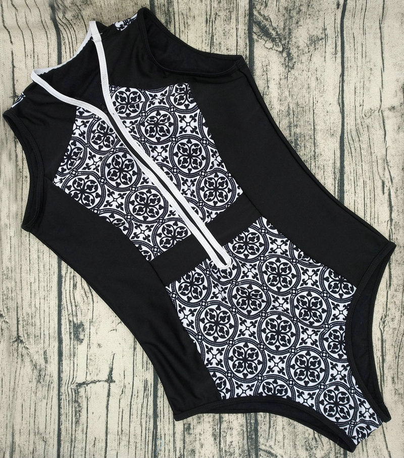 Bohemia Print Retro Front Zipper One Piece Swimsuits Sexy Woman Monokini Female bodysuit Bathing Suits