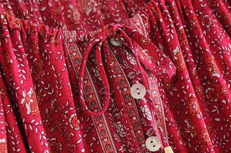 Bohemian Lacing up O neck Floral Print Cotton Shirt BOHO Holiday Women Single-Breasted Long Sleeve Blouse Causal Tops Beach