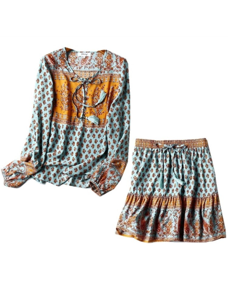 Bohemian Lacing up Tassel Floral Shirt Sexy Women Elastic Waist Mini Short Skirt Long Sleeve Blouse Holiday 2 Pieces Set turquoise 1 set