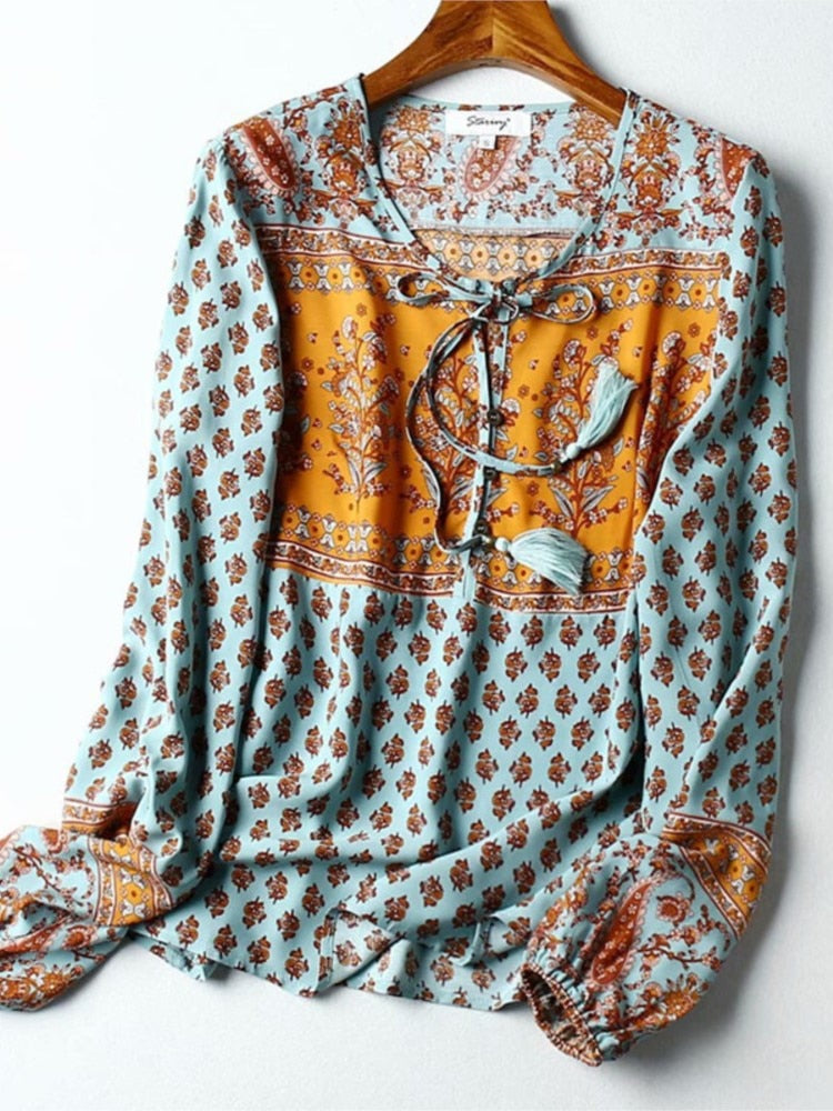 Bohemian Lacing up Tassel Floral Shirt Sexy Women Elastic Waist Mini Short Skirt Long Sleeve Blouse Holiday 2 Pieces Set turquoise shirt only