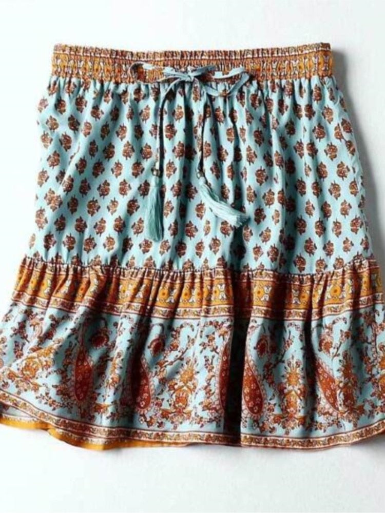 Bohemian Lacing up Tassel Floral Shirt Sexy Women Elastic Waist Mini Short Skirt Long Sleeve Blouse Holiday 2 Pieces Set turquoise skirt only