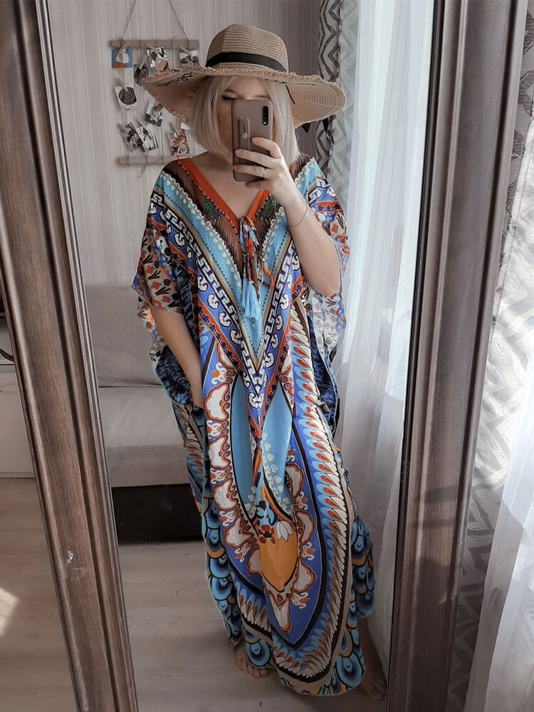 Bohemian Printed Summer Holiday Dress Blue Tunic - Beach Wear Kaftan V-Neck Bats Sleeve Maxi Dress Robe Q956