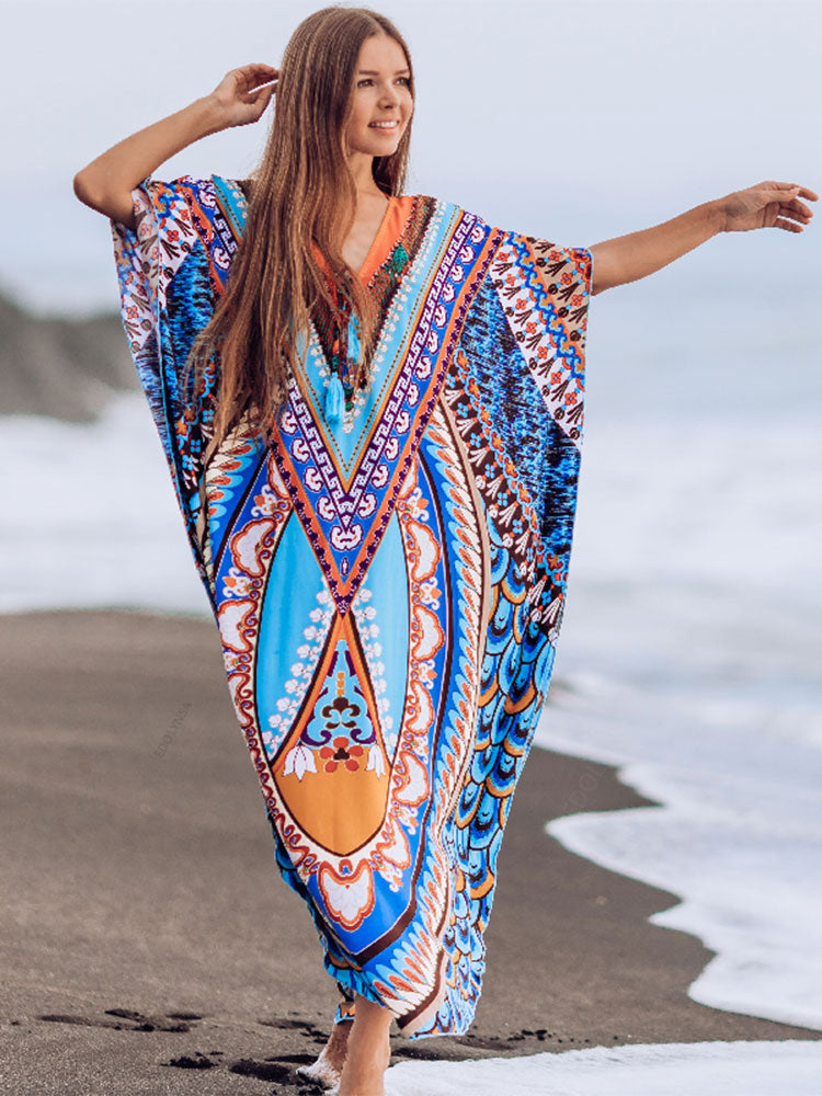 Bohemian Printed Summer Holiday Dress Blue Tunic - Beach Wear Kaftan V-Neck Bats Sleeve Maxi Dress Robe Q956