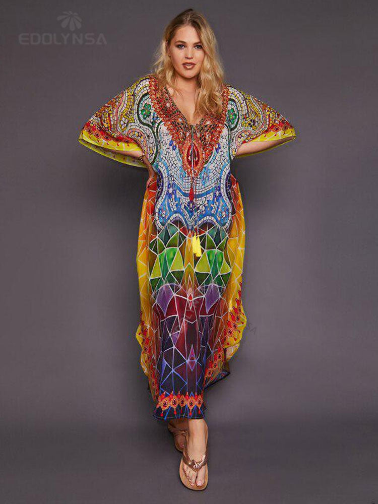 Bohemian Printed Summer Holiday Dress Blue Tunic - Beach Wear Kaftan V-Neck Bats Sleeve Maxi Dress Robe Q956 Q999-956 One Size