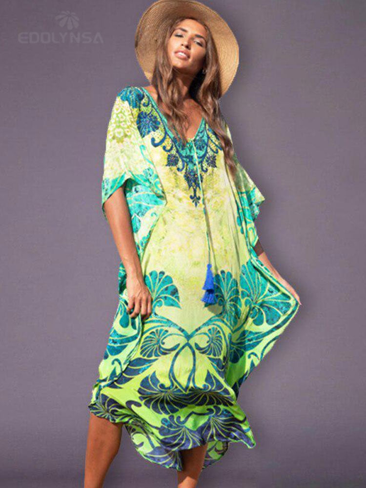 Bohemian Printed Summer Holiday Dress Blue Tunic - Beach Wear Kaftan V-Neck Bats Sleeve Maxi Dress Robe Q956 Q845-956 One Size