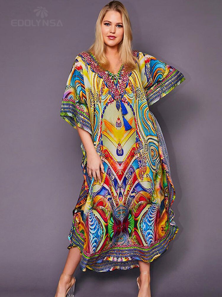 Bohemian Printed Summer Holiday Dress Blue Tunic - Beach Wear Kaftan V-Neck Bats Sleeve Maxi Dress Robe Q956 Q1151-956 One Size