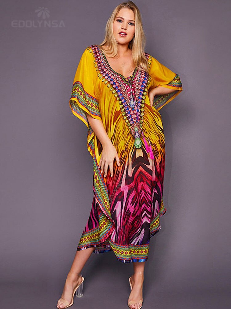 Bohemian Printed Summer Holiday Dress Blue Tunic - Beach Wear Kaftan V-Neck Bats Sleeve Maxi Dress Robe Q956 Q1149-956 One Size