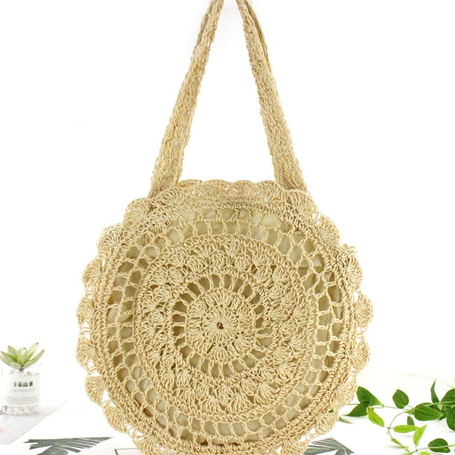 Bohemian Straw Bags for Women Circle Beach Handbags Summer Rattan Shoulder Bags Handmade Knitted Travel Big Totes Bag 2024 New Beige