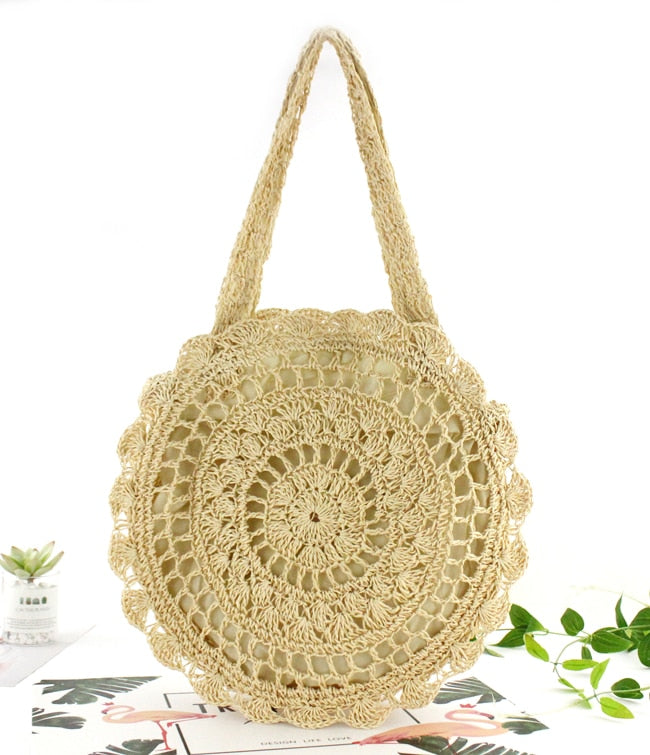 Bohemian Straw Bags for Women Circle Beach Handbags Summer Rattan Shoulder Bags Handmade Knitted Travel Big Totes Bag 2024 New Beige