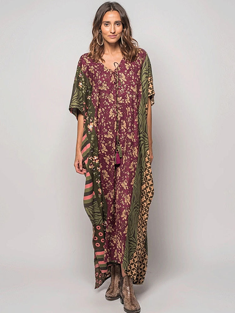 Boho Dress V Neck Beach Cover Up Pareo Maxi Dress - Robe Plage Kaftan Dress Beachwear