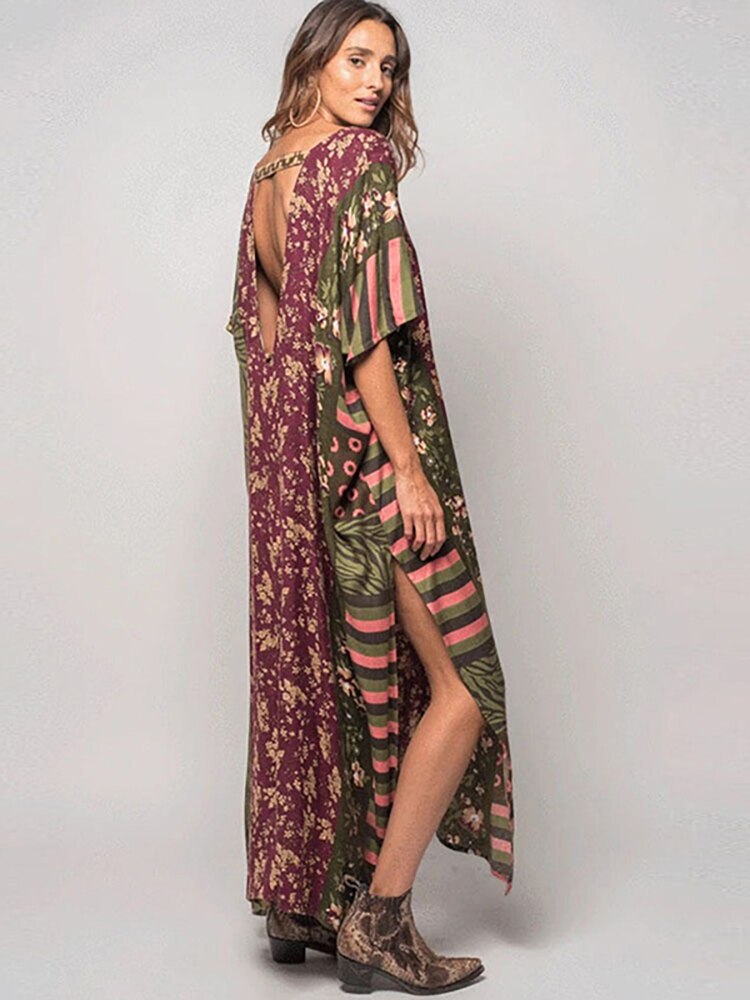 Boho Dress V Neck Beach Cover Up Pareo Maxi Dress - Robe Plage Kaftan Dress Beachwear
