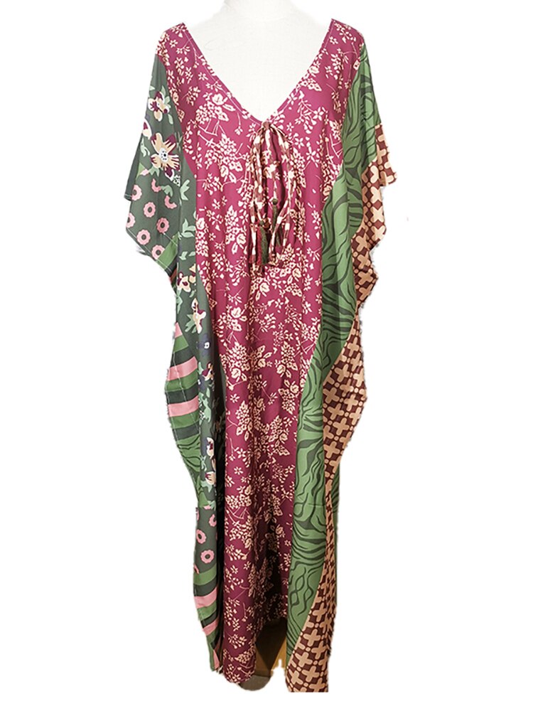 Boho Dress V Neck Beach Cover Up Pareo Maxi Dress - Robe Plage Kaftan Dress Beachwear