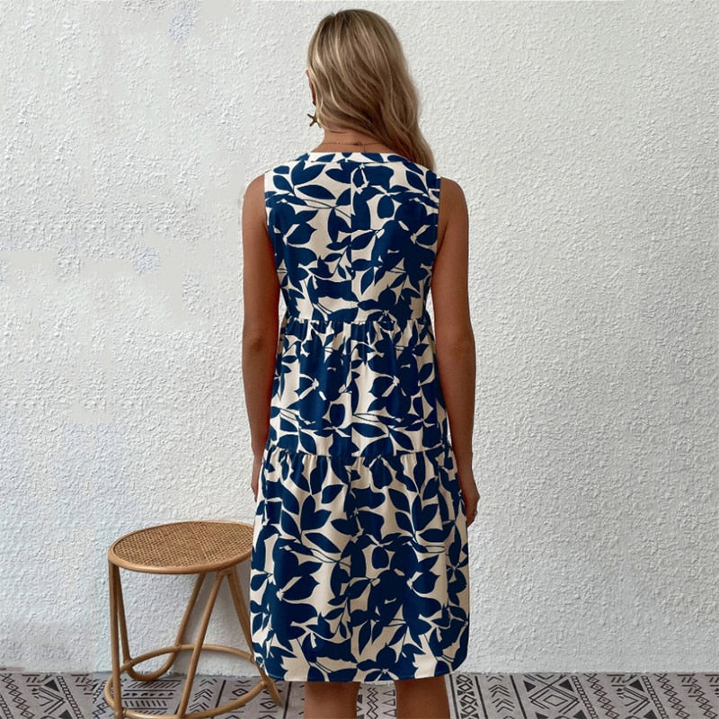 Boho Floral Printed Mini Dress Summer Casual Loose V-Neck Sleeveless