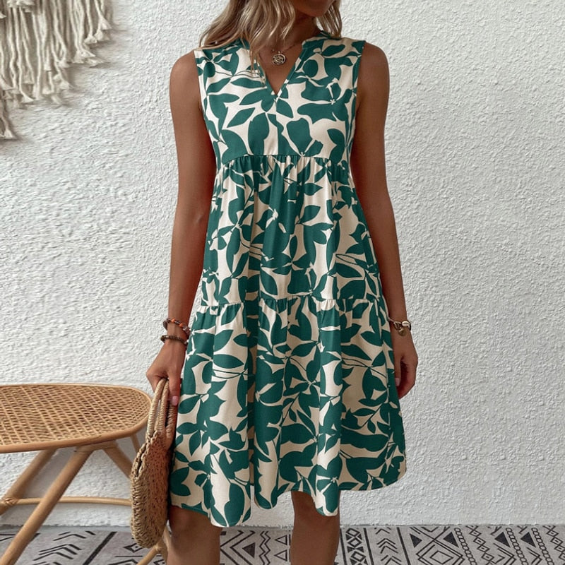 Boho Floral Printed Mini Dress Summer Casual Loose V-Neck Sleeveless
