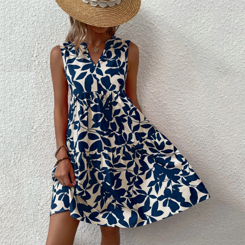 Boho Floral Printed Mini Dress Summer Casual Loose V-Neck Sleeveless