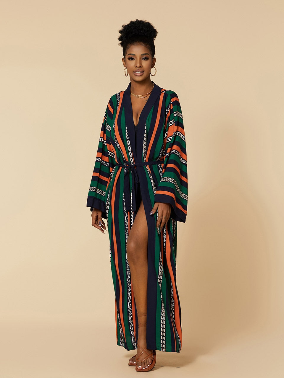 Boho Kimono Tunic for Beach Swimsuit Cover-ups Cape Sexy Long Sleeve Have Belt Separately Pareo Dress Beachwear Bikini Cover Up