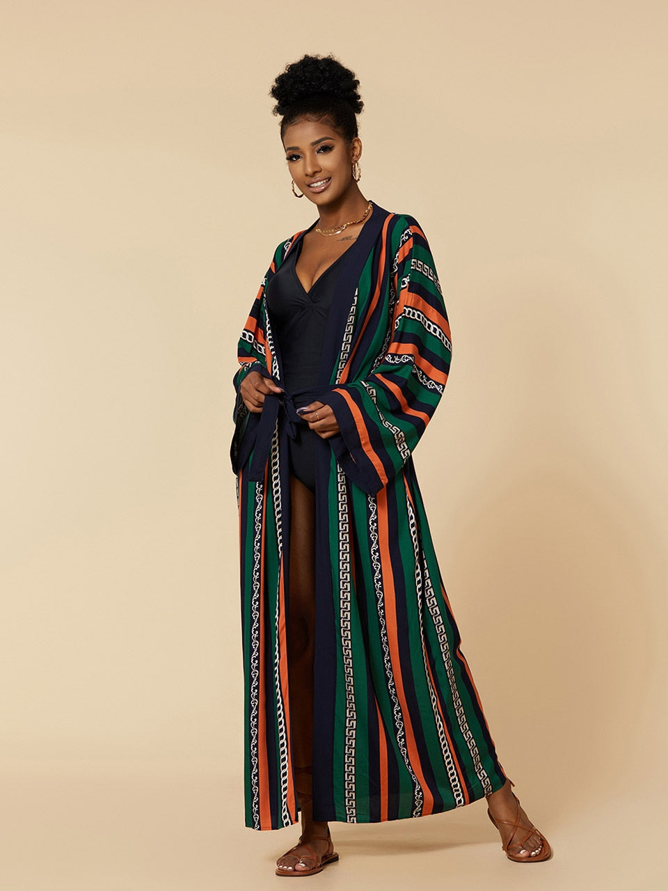 Boho Kimono Tunic for Beach Swimsuit Cover-ups Cape Sexy Long Sleeve Have Belt Separately Pareo Dress Beachwear Bikini Cover Up