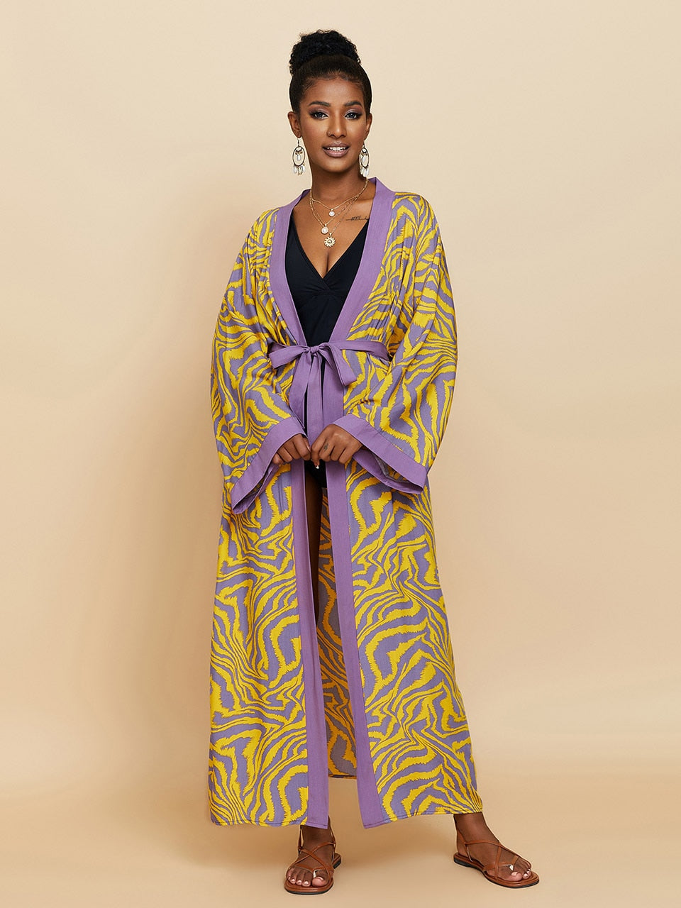 Boho Kimono Tunic for Beach Swimsuit Cover-ups Cape Sexy Long Sleeve Have Belt Separately Pareo Dress Beachwear Bikini Cover Up