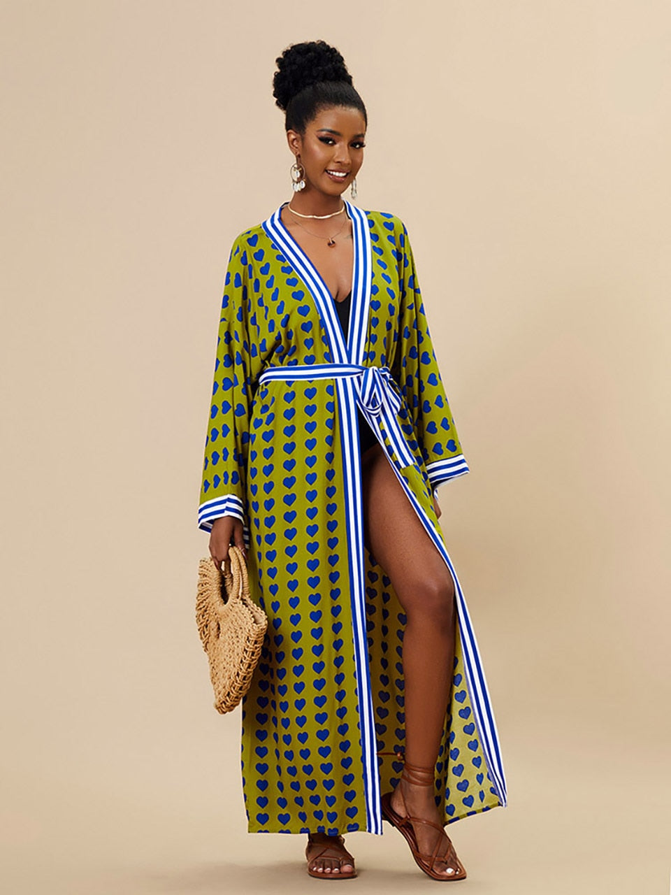 Boho Kimono Tunic for Beach Swimsuit Cover-ups Cape Sexy Long Sleeve Have Belt Separately Pareo Dress Beachwear Bikini Cover Up Green Heart One Size