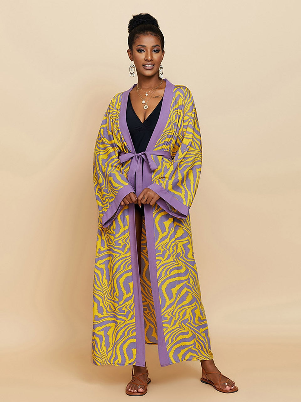 Boho Kimono Tunic for Beach Swimsuit Cover-ups Cape Sexy Long Sleeve Have Belt Separately Pareo Dress Beachwear Bikini Cover Up Yellow Zebra One Size