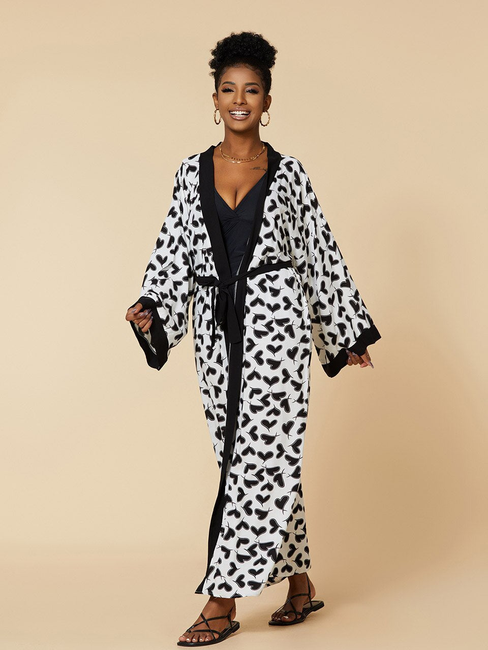 Boho Kimono Tunic for Beach Swimsuit Cover-ups Cape Sexy Long Sleeve Have Belt Separately Pareo Dress Beachwear Bikini Cover Up White Heart One Size