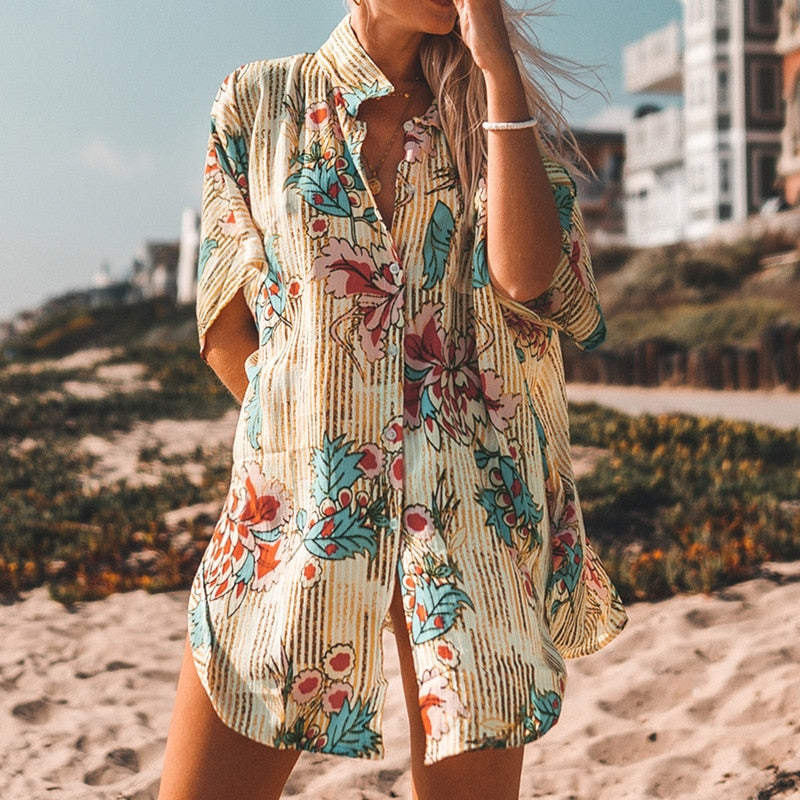 Boho Loose Bikini Cover Ups Tunic Kaftan Beach Dress Robe De Plage Cotton Pareo Wrap Shirt Beach Cover Up Default Title