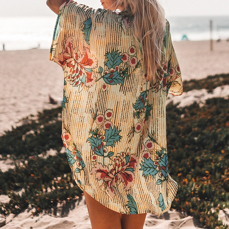 Boho Loose Bikini Cover Ups Tunic Kaftan Beach Dress Robe De Plage Cotton Pareo Wrap Shirt Beach Cover Up