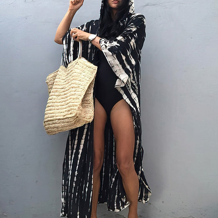 Boho Pink Hooded Cardigan Self-tie Tunics Bikini Cover Up Sexy Long Dress Pareo Sarong