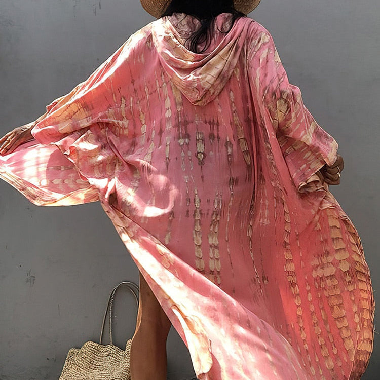 Boho Pink Hooded Cardigan Self-tie Tunics Bikini Cover Up Sexy Long Dress Pareo Sarong