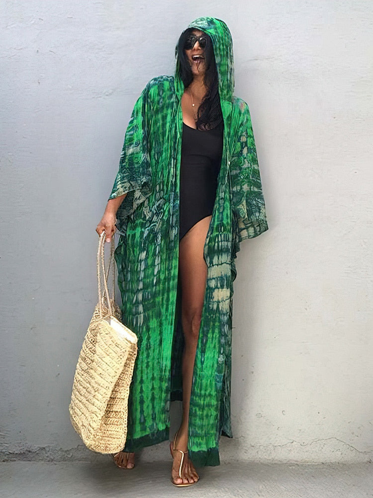 Boho Pink Hooded Cardigan Self-tie Tunics Bikini Cover Up Sexy Long Dress Pareo Sarong