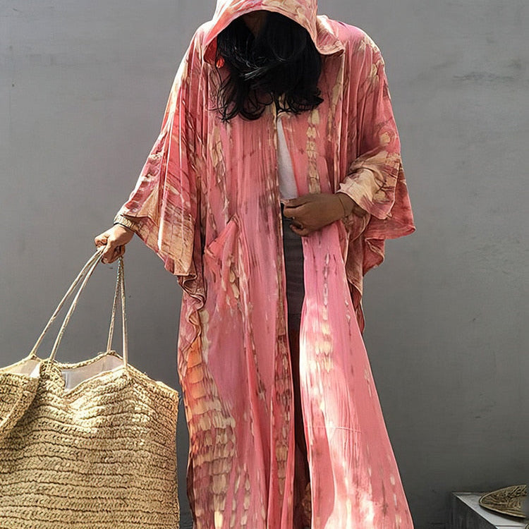 Boho Pink Hooded Cardigan Self-tie Tunics Bikini Cover Up Sexy Long Dress Pareo Sarong