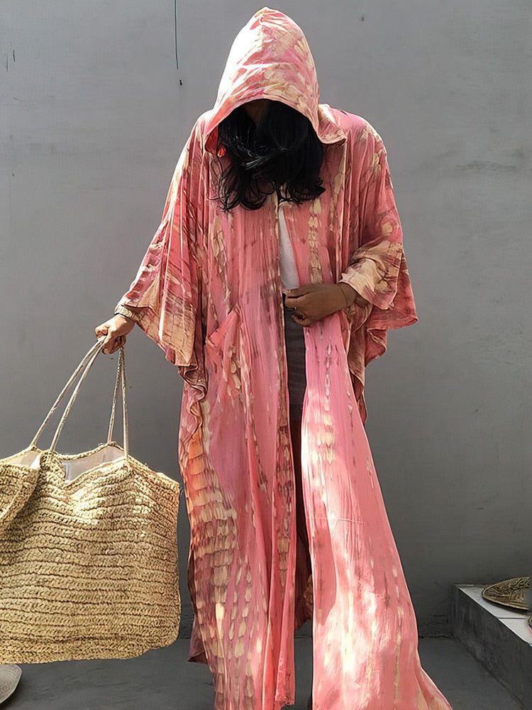 Boho Pink Hooded Cardigan Self-tie Tunics Bikini Cover Up Sexy Long Dress Pareo Sarong