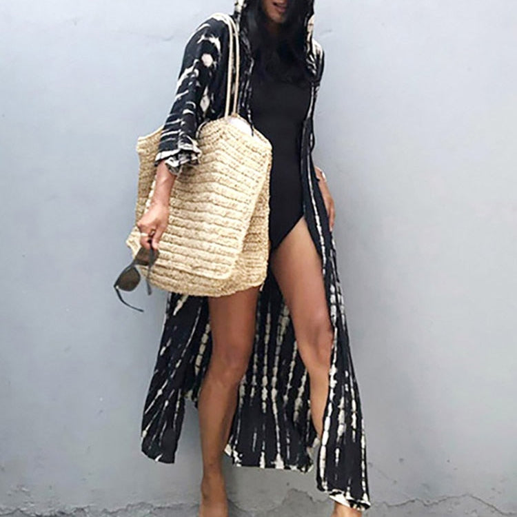 Boho Pink Hooded Cardigan Self-tie Tunics Bikini Cover Up Sexy Long Dress Pareo Sarong Black One Size