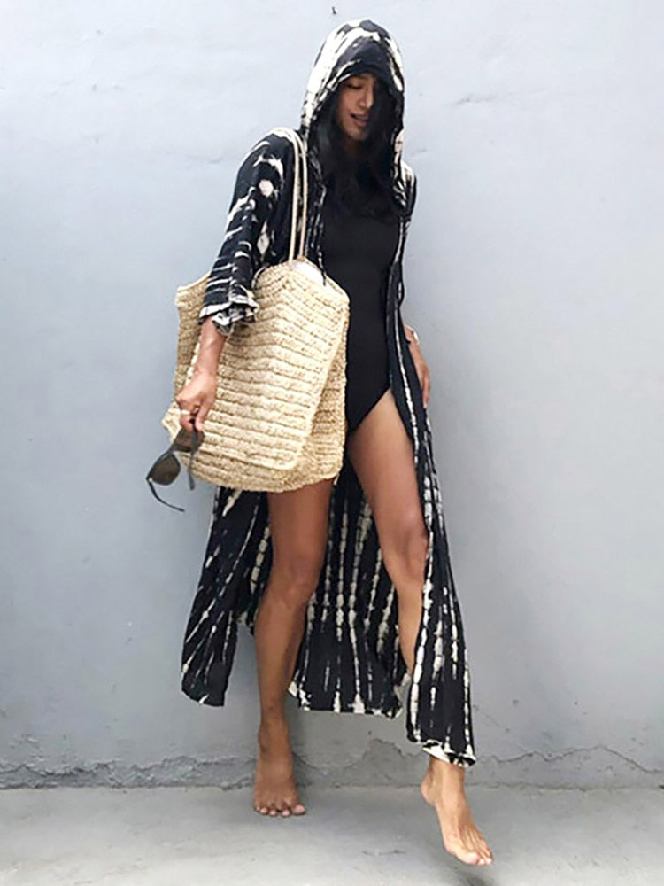 Boho Pink Hooded Cardigan Self-tie Tunics Bikini Cover Up Sexy Long Dress Pareo Sarong Black One Size